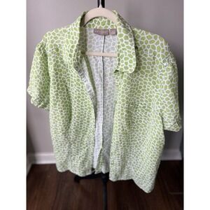 Neon Green Giraffe Print 100% Linen Button Up Linen Women's Top Size 2XL